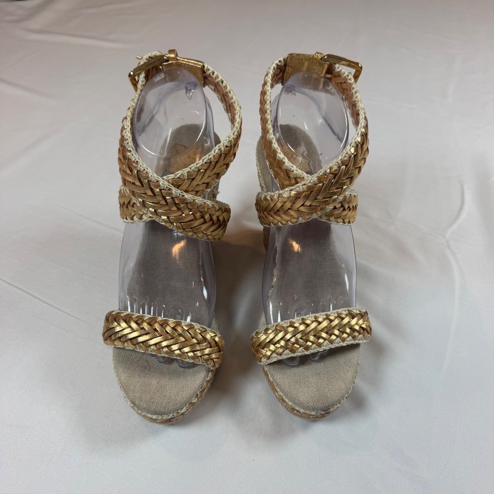 Tory Burch Lilah Braided Strap Platform Wedge Espadrille Gold Leather Sz 39.5 - Picture 2 of 7